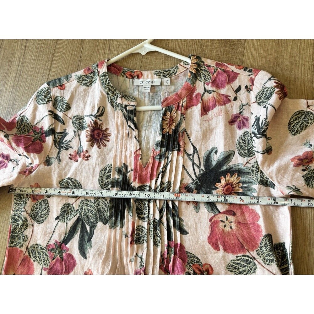 Chicos Pintuck 100% Linen Shift Dress Sz XS Pink Floral Feminine Autumn Wedding - Picture 8 of 9